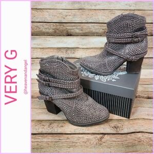 Very G Rhinestone Studded Stappy Buckle Ankle Boot - Taupe
